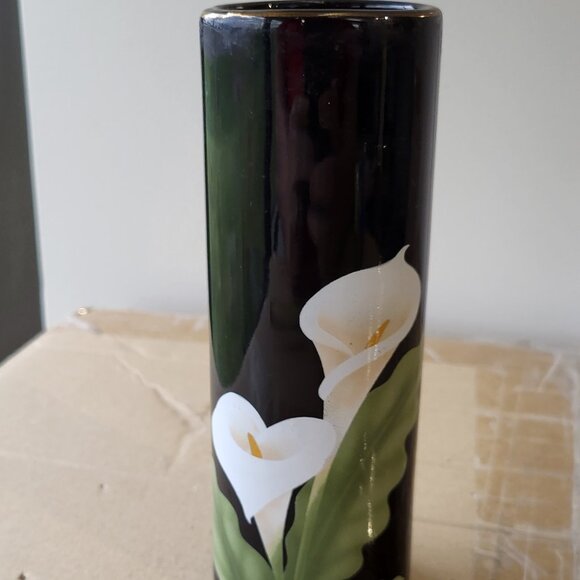 Vintage OTAGIRI Japan Porcelain Black Vase Calla Lily Design GUC SEE PICS "BIN B - Picture 1 of 10